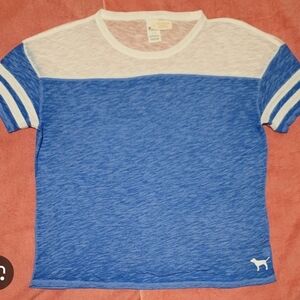 PINK Victoria's Secret Blue and White Short Sleeve Tee